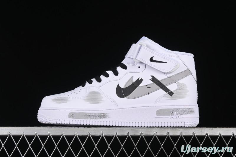Nike Air Force 1 '07 Mid Casual Sneakers in White/Grey/Black with Hand-Painted Cracked Swoosh Shadow Detail - CW2289-111