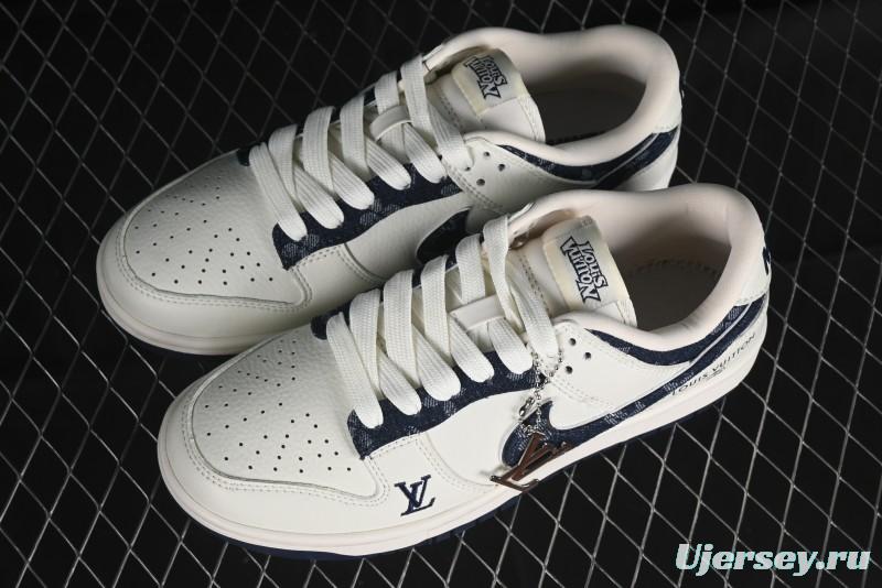 Nike SB Dunk Low LV Collaboration - Denim Print Swoosh Anniversary High-End Custom Low-Top Casual Skate Shoes - XB3802-360