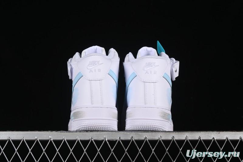 Nike Air Force 1 '07 Mid Light Blue Hand-Painted Cracked Three Stripes Shadow Mid-Top Casual Sneakers - CW2289-111