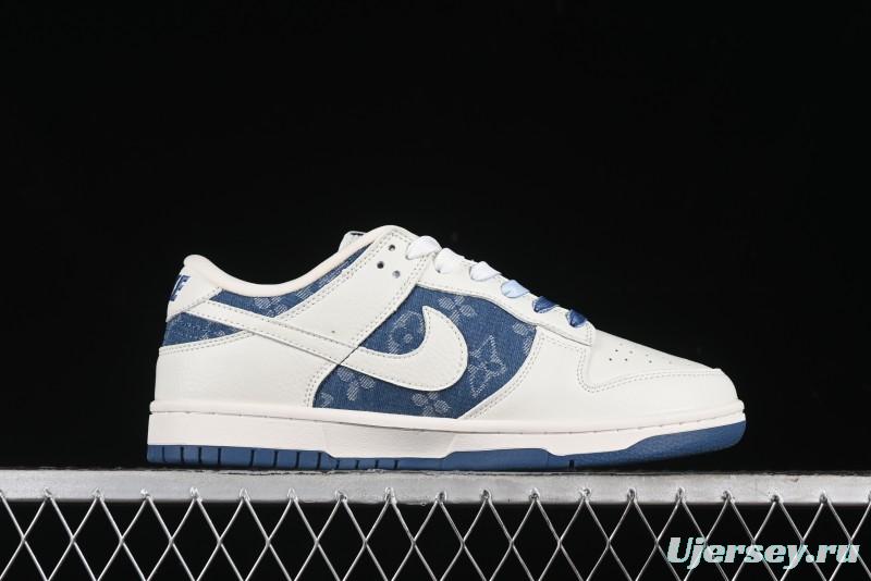 Nike SB Dunk Low LV Collaboration - Beige Blue Print Anniversary High-End Custom Low-Top Casual Skate Shoes - JH8310-954