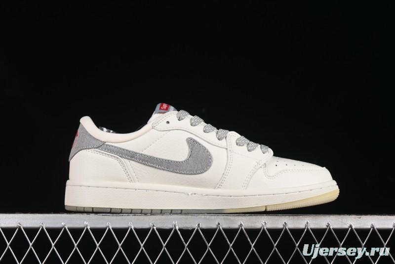 Nike Travis Scott x Fragment Design x Air Jordan 1 Low OG SP AJ1 Supreme Collaboration - Light Grey Denim Two-Tone Low-Top Casual Sneakers - JH6088-705