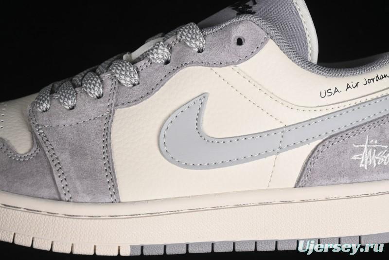 Nike Air Jordan 1 Low Stussy Collaboration - Light Bone Grey Dual-Tone Premium Custom Retro Basketball Shoes - SJ9950-045