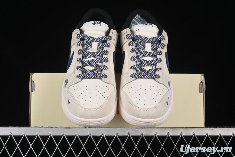 Nike SB Dunk Low Supreme x Stussy Triple Collaboration - Off White Navy Swoosh Anniversary Custom Low-Top Casual Sneakers - SJ2068-301