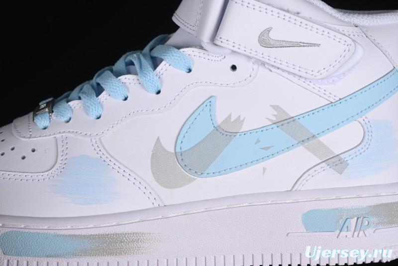 Nike Air Force 1 '07 Mid Light Blue Hand-Painted Cracked Three Stripes Shadow Mid-Top Casual Sneakers - CW2289-111
