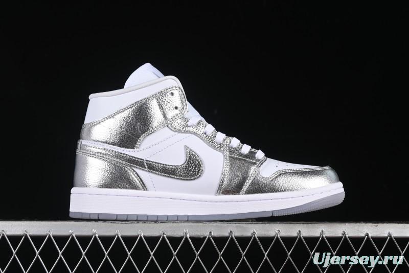 Nike Air Jordan 1 Mid Basketball Shoes Silver White - FN5031-100