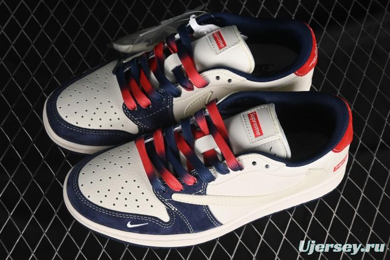 Nike Travis Scott x Fragment Design x Air Jordan 1 Low OG SP AJ1 Supreme Collaboration - Deep Blue Red Culture Casual Sneakers - XY2688-122