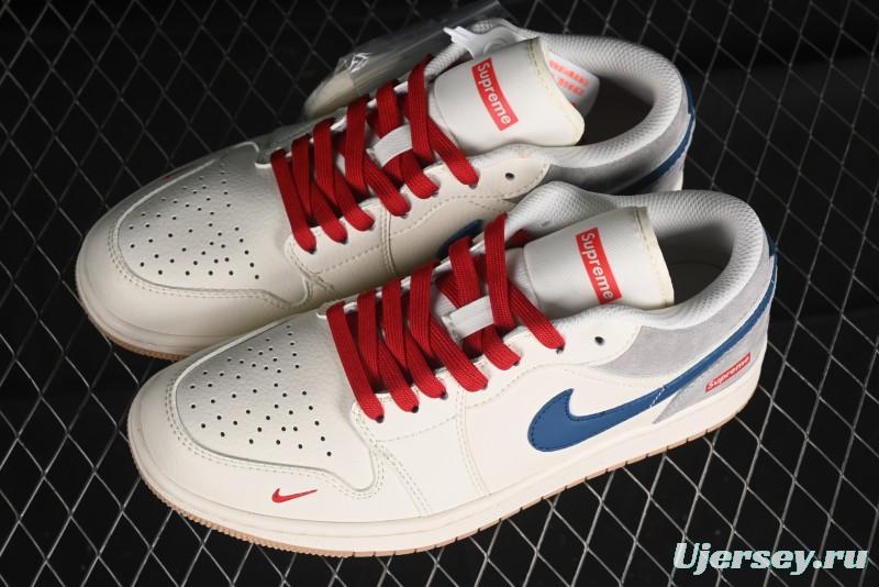 Nike Air Jordan 1 Low Supreme Collaboration - Retro Basketball Shoes in Blue and Gum Sole - SJ9950-022