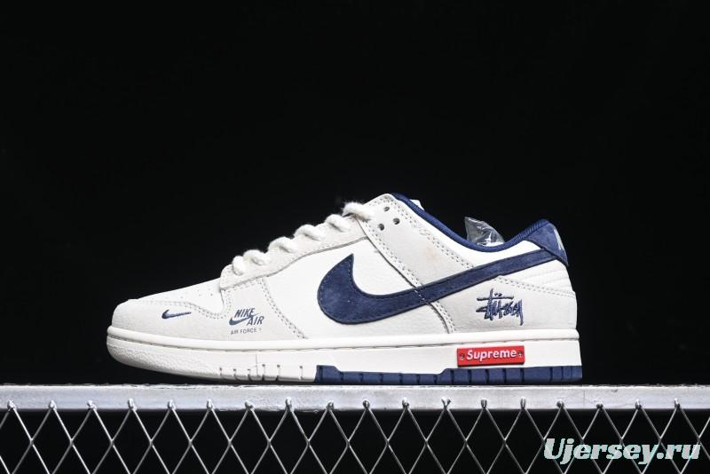 Nike SB Dunk Low Supreme x Stussy Triple Collaboration - Off White Navy Swoosh Anniversary High-End Custom Low-Top Casual Skate Shoes - SJ2068-271