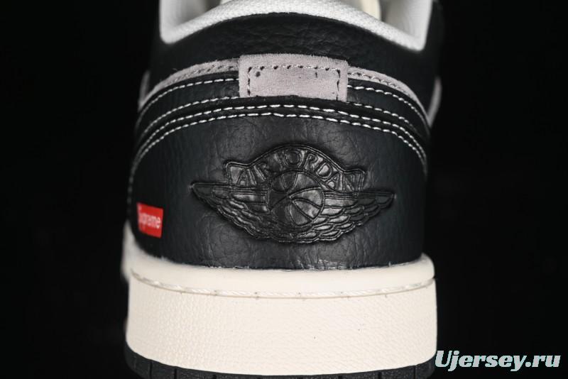 Nike Air Jordan 1 Low Supreme Collaboration - Black Grey Pigskin Two-Tone High-End Custom Retro Basketball Shoes - SJ9950-032