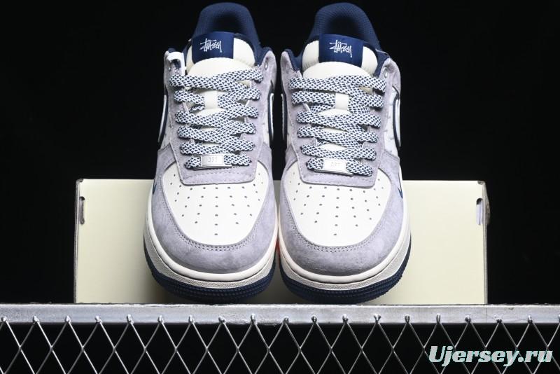 Nike Air Force 1 '07 Low Stussy Collaboration - Grey White with Blue Outsole Low-Top Casual Sneakers - SJ6698-006