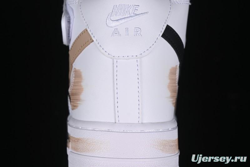 Nike Air Force 1 '07 Mid Hand-Painted White Black Brown with Swoosh Shadow Strap Mid-Top Casual Sneakers - CW2289-111