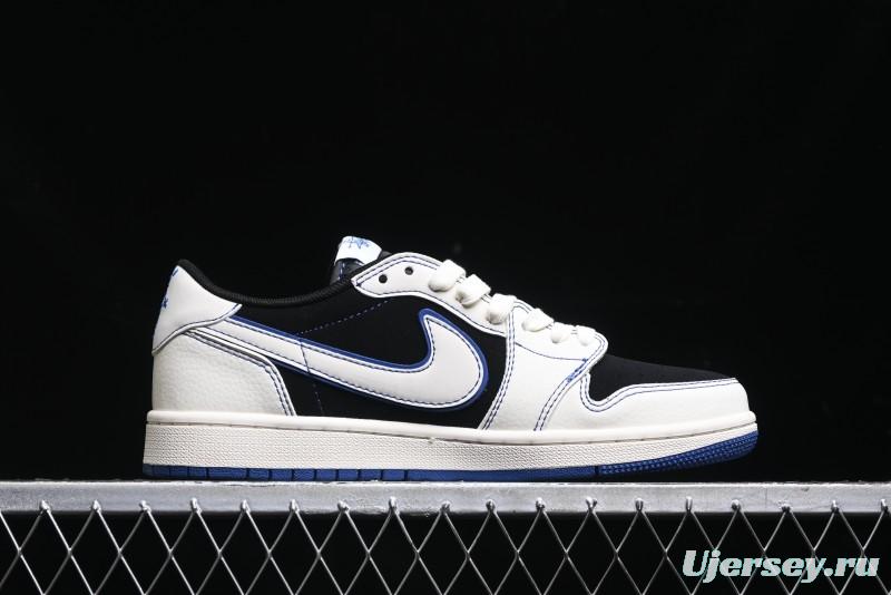 Nike Travis Scott x Fragment Design x Air Jordan 1 Low OG SP AJ1 Stussy Collaboration - Black Blue Line Low Top Casual Sneakers - SJ2068-113