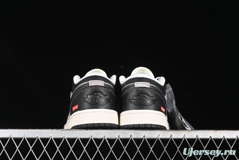 Nike Air Jordan 1 Low Supreme Collaboration - Black Grey Pigskin Two-Tone High-End Custom Retro Basketball Shoes - SJ9950-032