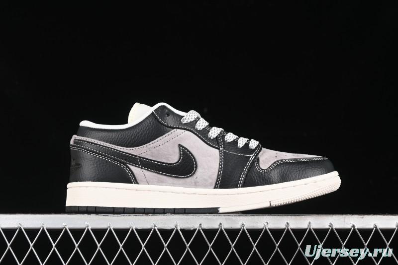 Nike Air Jordan 1 Low Supreme Collaboration - Black Grey Pigskin Two-Tone High-End Custom Retro Basketball Shoes - SJ9950-032