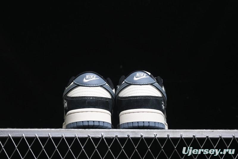 Nike SB Dunk Low Stussy Collaboration - Black White Print Anniversary Custom Low-Top Casual Sneakers - XX3168-212