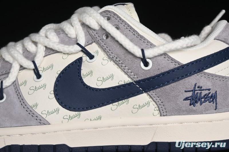 Nike SB Dunk Low Stussy Collaboration - Navy Blue Embroidery Swoosh Anniversary Custom Low-Top Casual Sneakers - SJ2068-296