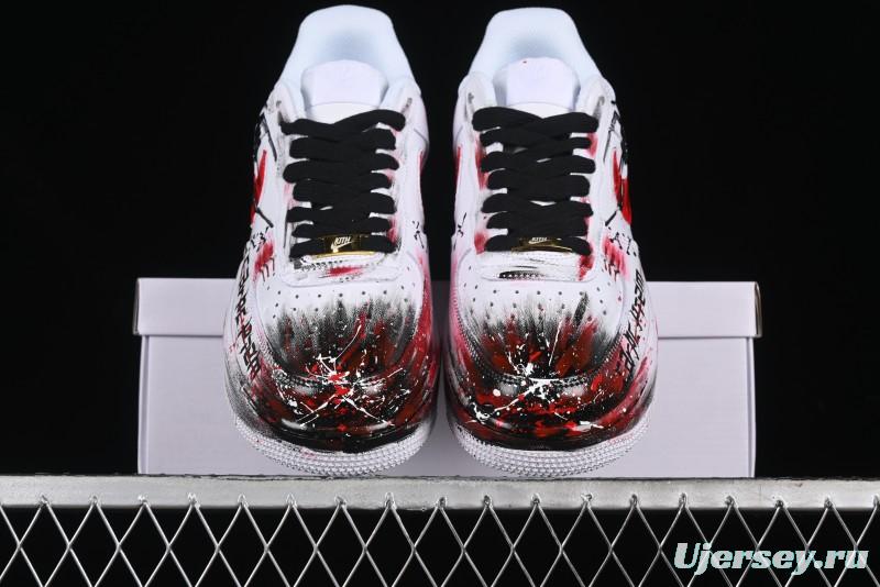 Nike Air Force 1 '07 Low Casual Sneakers with 2D Black and White Hand-Painted Blood Night Stitching Design - CW8822-011