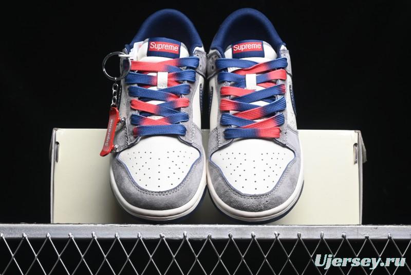 Nike SB Dunk Low Supreme Collaboration - Grey White Dark Blue Swoosh Anniversary High-End Custom Low-Top Casual Skate Shoes - DM6868-005