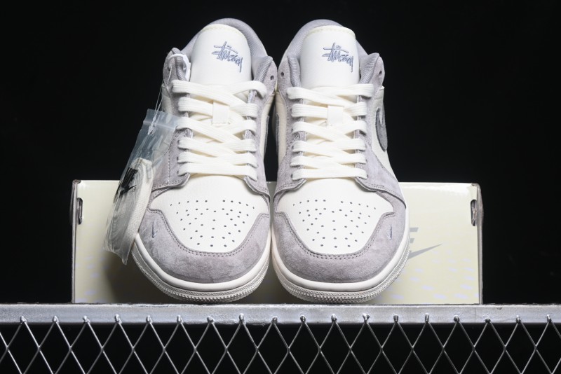 Nike Air Jordan 1 Low Stussy Collaboration - Grey White Dual-Tone Red Tag Retro Basketball Shoes - SJ9950-031
