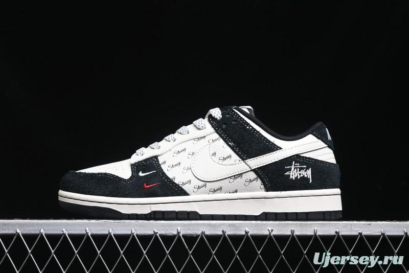Nike SB Dunk Low Stussy Collaboration - Black White Mini Swoosh Anniversary Custom Low-Top Casual Skate Shoes - XY1688-017
