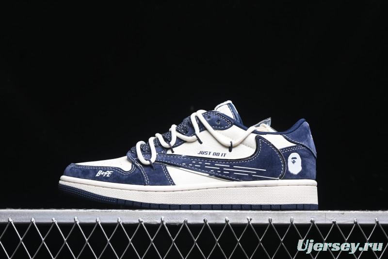 Nike Travis Scott x Fragment Design x Air Jordan 1 Low OG SP AJ1 Bape Collaboration - Klein Blue Lace-Up Low-Top Casual Sneakers - XS3186-201