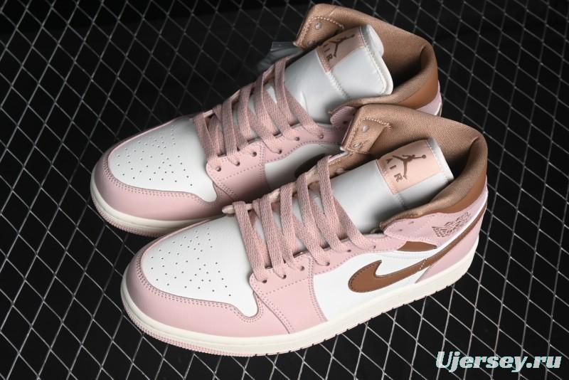 Nike Air Jordan 1 Mid AJ1 Basketball Shoes in Khaki Pink - BQ6472-620