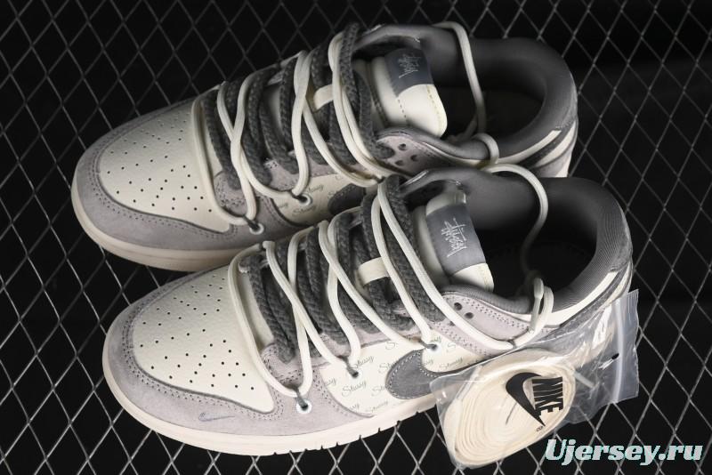 Nike SB Dunk Low Stussy Collaboration - Strap Grey Embroidered Swoosh Anniversary Custom Low-Top Casual Skate Shoes - SJ2068-307