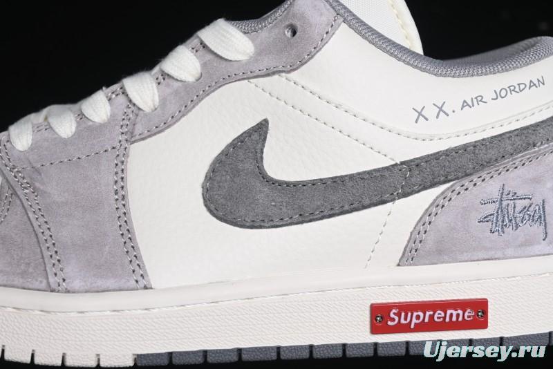 Nike Air Jordan 1 Low Stussy Collaboration - Grey White Dual-Tone Red Tag Retro Basketball Shoes - SJ9950-031