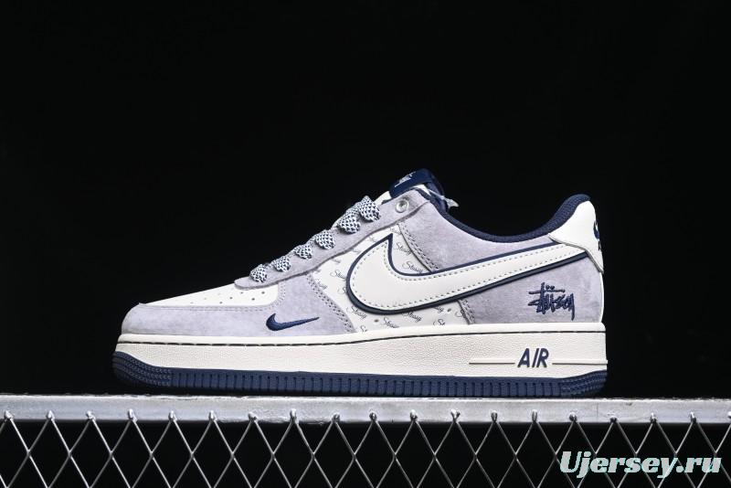 Nike Air Force 1 '07 Low Stussy Collaboration - Grey White with Blue Outsole Low-Top Casual Sneakers - SJ6698-006
