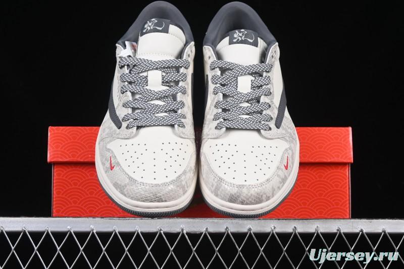 Nike Travis Scott x Fragment Design x Air Jordan 1 Low OG SP AJ1 Snake Year Limited Grey Snake Scale with Grey Swoosh Low-top Casual Sneakers - XS3086-009