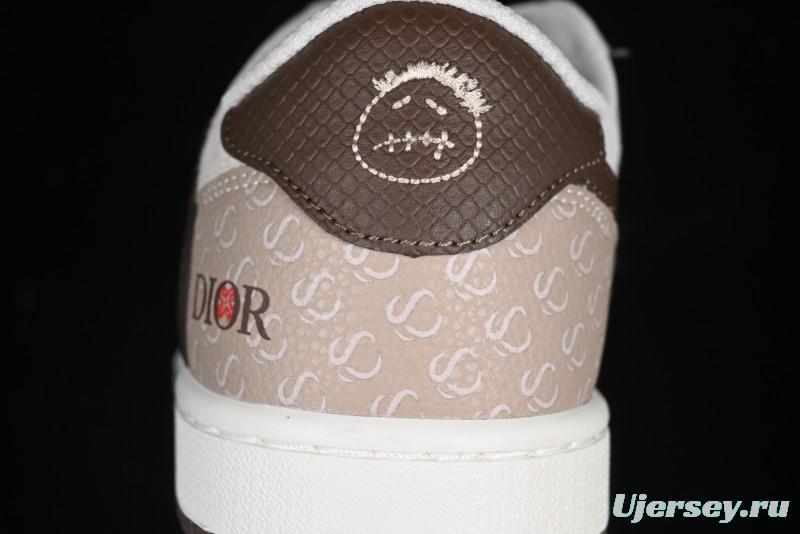 Nike Travis Scott x Fragment Design x Air Jordan 1 Low OG SP AJ1 Snake Year Limited Brown Snake Print Low Top Casual Sneakers - DM7866-074