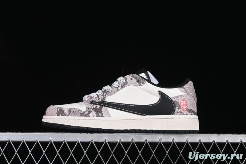 Nike Travis Scott x Fragment Design x Air Jordan 1 Low OG SP AJ1 Snake Year Limited Grey White Snake Scale Low-top Casual Sneakers - XX3318-518