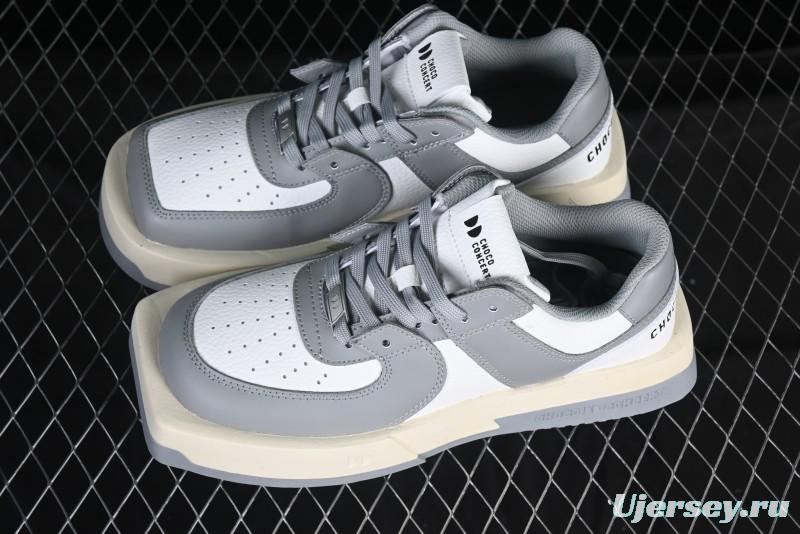Choco Concert Leather Round Square Asymmetric Fashion Sneakers White Gray - AJE5