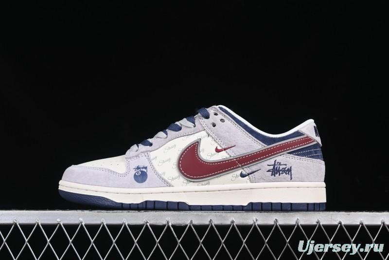 Nike SB Dunk Low Stussy Collaboration Black Burgundy Swoosh Anniversary Custom Low-Top Casual Skate Shoes - DM6868-022