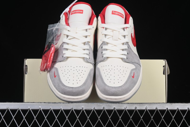 Nike Air Jordan 1 Low AJ1 Supreme Collaboration - White Grey Red Swoosh Retro Basketball Shoes - SJ9950-024