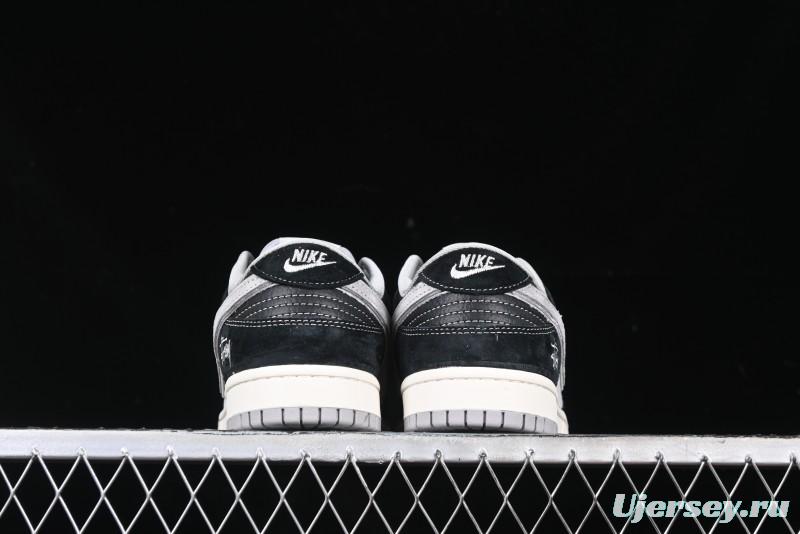 Nike SB Dunk Low Stussy Collaboration - Black Grey Pig Leather Anniversary Custom Edition Low-Top Casual Sneakers - XX3168-008