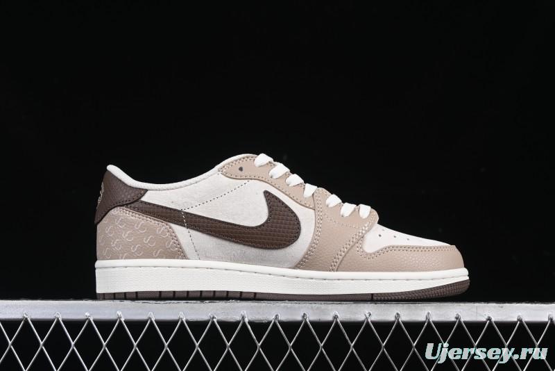 Nike Travis Scott x Fragment Design x Air Jordan 1 Low OG SP AJ1 Snake Year Limited Brown Snake Print Low Top Casual Sneakers - DM7866-074