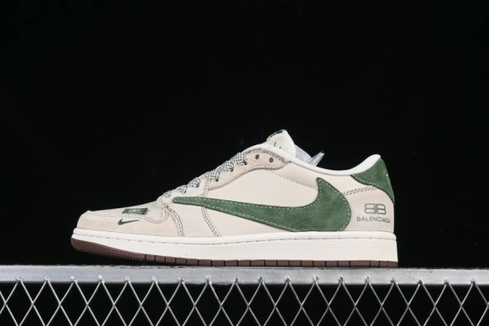Nike Travis Scott x Fragment Design x Jordan Air Jordan 1 Low OG SP AJ1 Paris Collaboration Suede Green Swoosh Low-Top Casual Sneakers - XS3086-015
