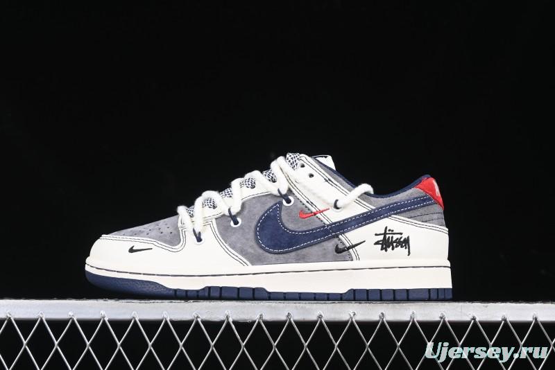 Nike SB Dunk Low Stussy Collaboration Anniversary Custom Low-Top Casual Sneakers with Strap in Beige Grey and Navy - YX5066-236