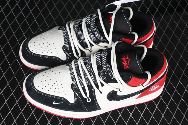 Nike Air Jordan 1 Low Stussy Collaboration - Black Red Custom High-End Retro Basketball Shoes - SJ9950-048