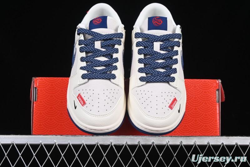 Nike SB Dunk Low Supreme Collaboration - Off-White 3D Navy Swoosh Anniversary Custom Low-Top Casual Sneakers - FC1688-204