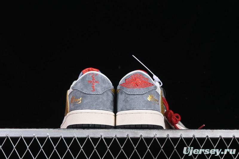 Nike Travis Scott x Fragment Design x Air Jordan 1 Low OG SP AJ1 Snake Year Limited Gold Snake Low-top Casual Sneakers - XZ2025-288