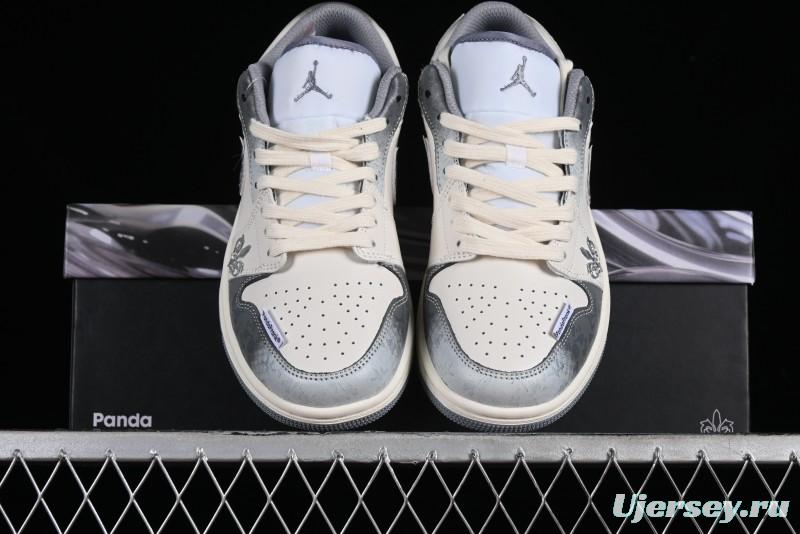 Nike Air Jordan 1 Low AJ1 Panda Prank Modern Gray Floral Low-Top Casual Sneakers - 553560-053