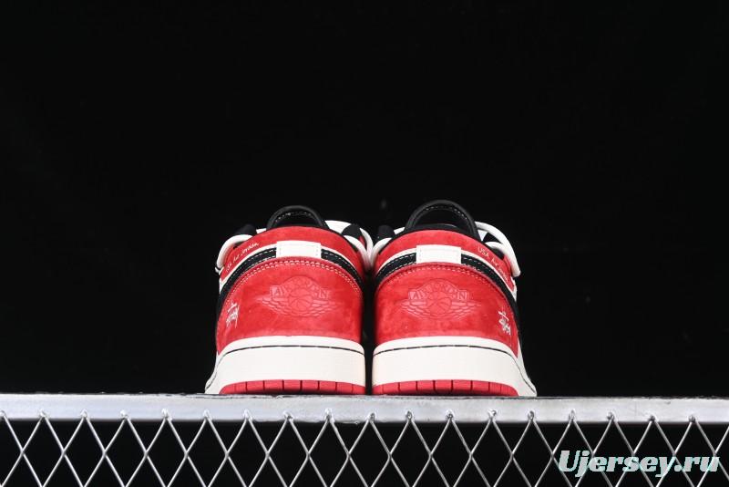 Nike Air Jordan 1 Low Stussy Collaboration - Black Red Custom High-End Retro Basketball Shoes - SJ9950-048
