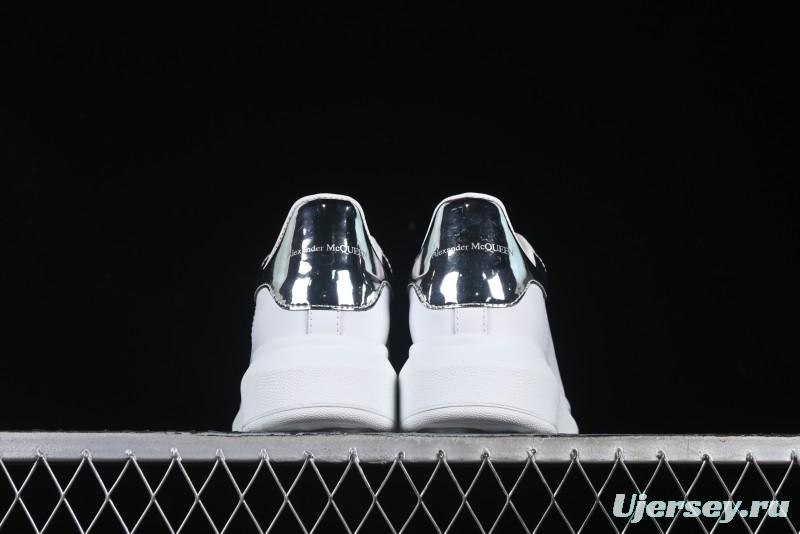 Alexander McQueen Oversized Sneakers with Mirror Silver Heel - White Leather Lace-Up Shoes