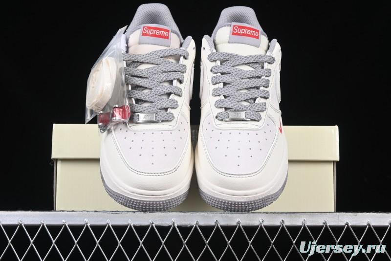 Nike Air Force 1 '07 Low Supreme Collaboration Beige Grey with Red Swoosh Casual Sneakers - BB7518-011