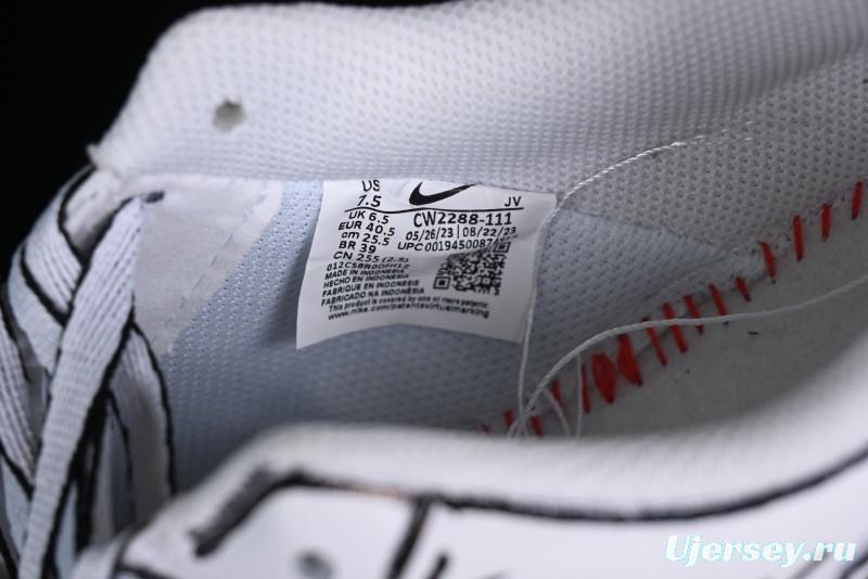 Nike Air Force 1 '07 Low Casual Sneakers with Black and White Hand-Drawn Manga Design - CW2288-811