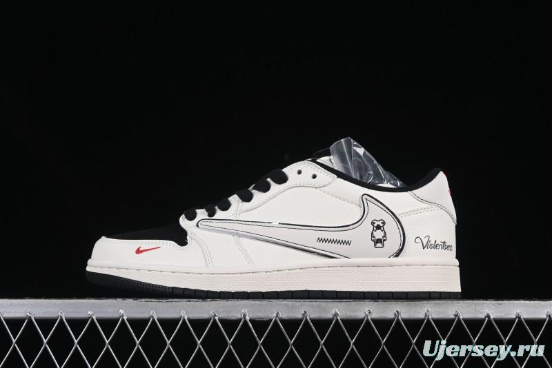 Nike Travis Scott x Fragment Design x Air Jordan 1 Low OG SP Cartoon Beige Black Low-top Casual Sneakers - XS7089-526