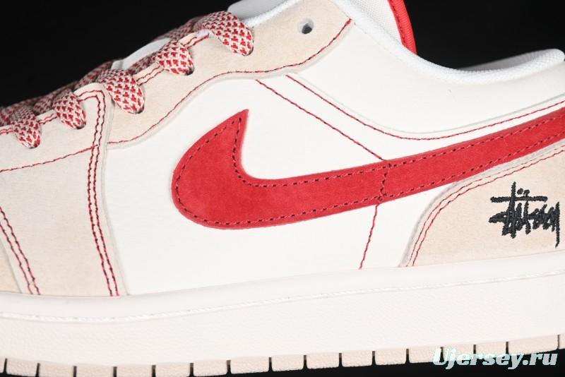 Nike Air Jordan 1 Low Stussy Collaboration Khaki Red Hook Retro Basketball Shoes - SJ9950-040