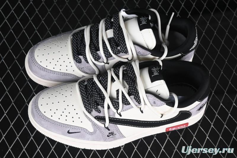 Nike Travis Scott x Fragment Design x Air Jordan 1 Low OG SP AJ1 Stussy Collaboration - Black Hook Dual-Tone Drawstring Low-Top Casual Sneakers - SJ0086-139